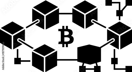 Blockchain technology concept with Bitcoin symbol and interconnected cubes
