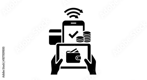 Mobile payment and digital wallet illustration with wireless transfer