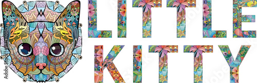 Words LITTLE KITTY. Vector zentangle object for decoration