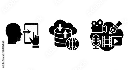 Digital content creation and management icons for modern technology