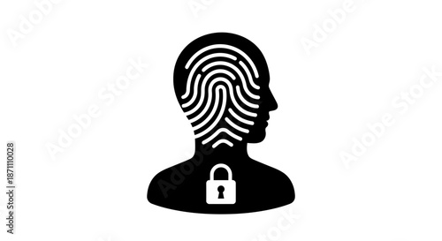 Secure identity concept with fingerprint in human head and locked padlock