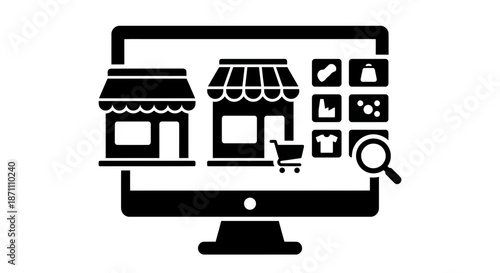 E-commerce shopping concept on computer screen with store icons