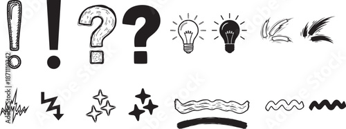 Hand drawn question mark and exclamation point symbols with light bulb and starburst effects