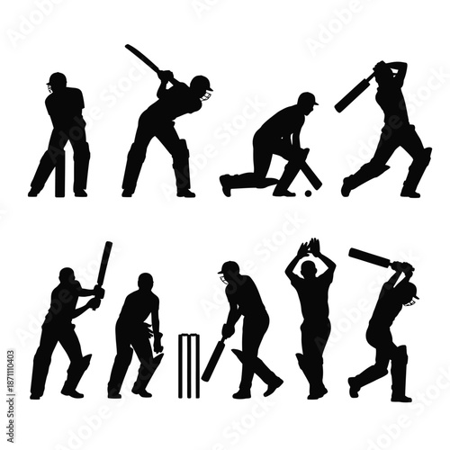 Silhouettes of cricket players in various batting and fielding positions