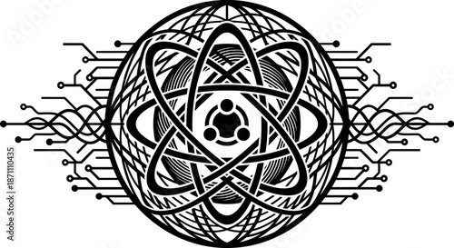 Stunning black and white illustration of a futuristic atom with circuit board elements