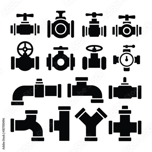 Various black silhouette icons of industrial valves and pipe fittings