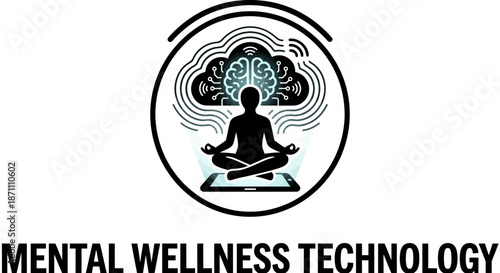 Mental wellness technology concept with meditating person and brain
