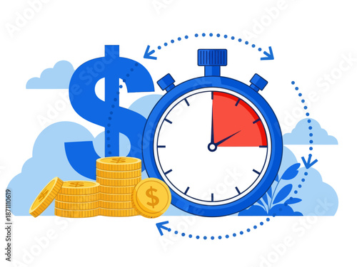 Instant payment flat vector illustration. Quick cash and credit loans services cartoon concept. Invoice payment terms. Time is money. Investment, deposit period isolated metaphor on white background
