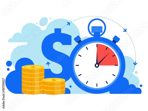 Instant payment flat vector illustration. Quick cash and credit loans services cartoon concept. Invoice payment terms. Time is money. Investment, deposit period isolated metaphor on white background
