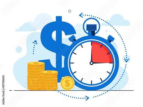 Instant payment flat vector illustration. Quick cash and credit loans services cartoon concept. Invoice payment terms. Time is money. Investment, deposit period isolated metaphor on white background
