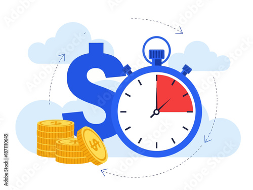 Instant payment flat vector illustration. Quick cash and credit loans services cartoon concept. Invoice payment terms. Time is money. Investment, deposit period isolated metaphor on white background
