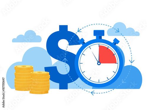 Instant payment flat vector illustration. Quick cash and credit loans services cartoon concept. Invoice payment terms. Time is money. Investment, deposit period isolated metaphor on white background
