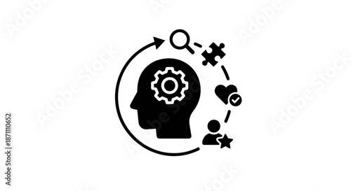 Problem solving concept with gear in head and icons around