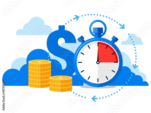 Instant payment flat vector illustration. Quick cash and credit loans services cartoon concept. Invoice payment terms. Time is money. Investment, deposit period isolated metaphor on white background
