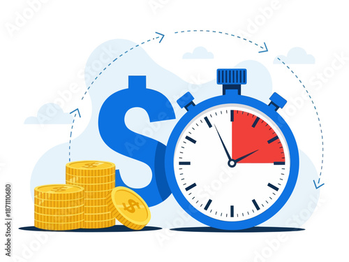 Instant payment flat vector illustration. Quick cash and credit loans services cartoon concept. Invoice payment terms. Time is money. Investment, deposit period isolated metaphor on white background
