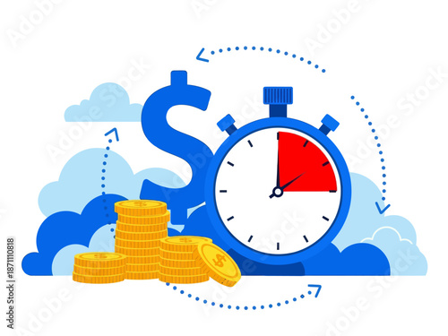 Instant payment flat vector illustration. Quick cash and credit loans services cartoon concept. Invoice payment terms. Time is money. Investment, deposit period isolated metaphor on white background
