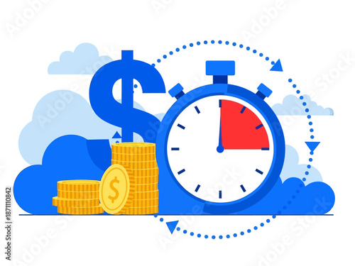 Instant payment flat vector illustration. Quick cash and credit loans services cartoon concept. Invoice payment terms. Time is money. Investment, deposit period isolated metaphor on white background
