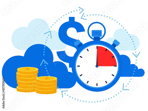 Instant payment flat vector illustration. Quick cash and credit loans services cartoon concept. Invoice payment terms. Time is money. Investment, deposit period isolated metaphor on white background
