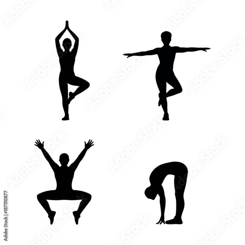 Four silhouettes of people practicing yoga poses Vector