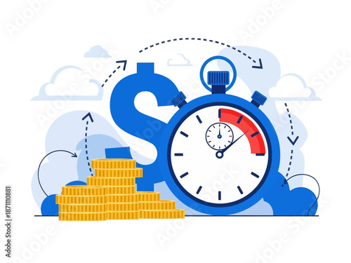 Instant payment flat vector illustration. Quick cash and credit loans services cartoon concept. Invoice payment terms. Time is money. Investment, deposit period isolated metaphor on white background
