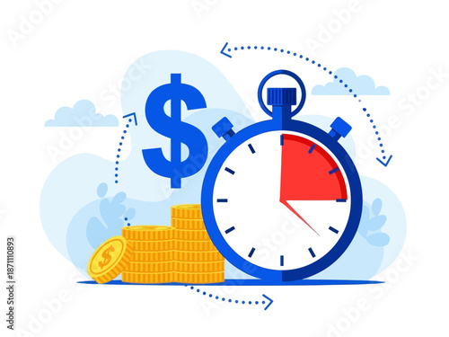 Instant payment flat vector illustration. Quick cash and credit loans services cartoon concept. Invoice payment terms. Time is money. Investment, deposit period isolated metaphor on white background
