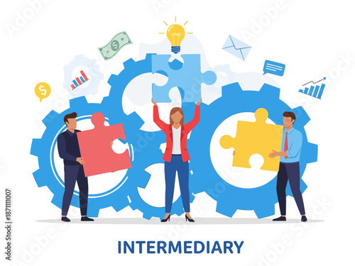 Intermediary flat vector illustration. Social enterprise. Wholesaler, distributor, reseller. E-commerce. Business model. Isolated cartoon character on white background
