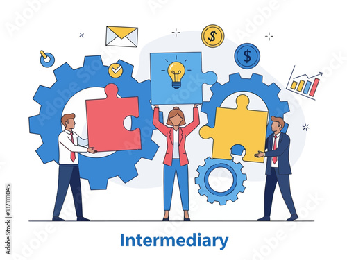 Intermediary flat vector illustration. Social enterprise. Wholesaler, distributor, reseller. E-commerce. Business model. Isolated cartoon character on white background
