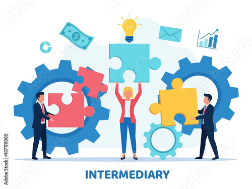 Intermediary flat vector illustration. Social enterprise. Wholesaler, distributor, reseller. E-commerce. Business model. Isolated cartoon character on white background
