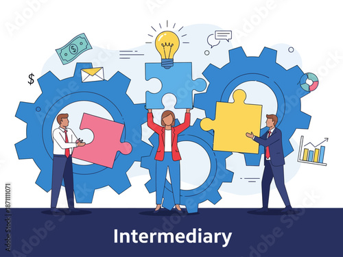 Intermediary flat vector illustration. Social enterprise. Wholesaler, distributor, reseller. E-commerce. Business model. Isolated cartoon character on white background
