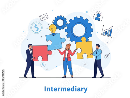 Intermediary flat vector illustration. Social enterprise. Wholesaler, distributor, reseller. E-commerce. Business model. Isolated cartoon character on white background
