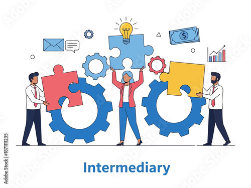 Intermediary flat vector illustration. Social enterprise. Wholesaler, distributor, reseller. E-commerce. Business model. Isolated cartoon character on white background
