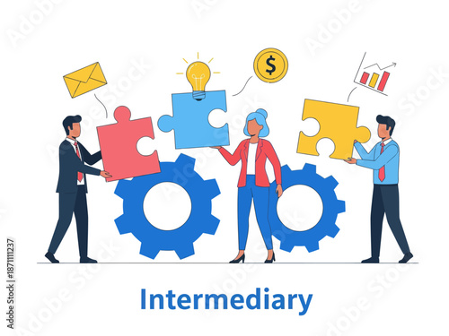 Intermediary flat vector illustration. Social enterprise. Wholesaler, distributor, reseller. E-commerce. Business model. Isolated cartoon character on white background
