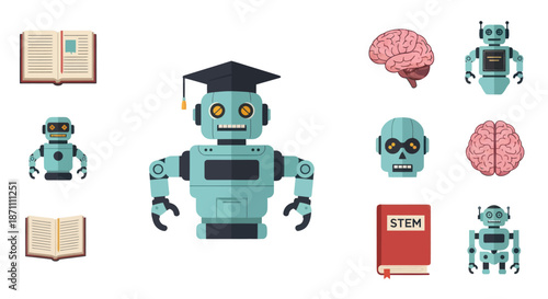 Intelligent Robot Graduate with Academic Cap and Technology Learning Icons.