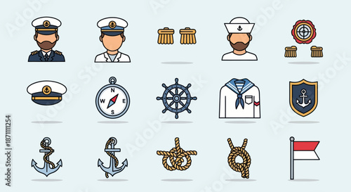 Nautical Icons: Sailor Uniforms Anchors Compass and Ships Wheel.
