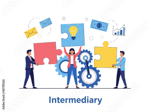 Intermediary flat vector illustration. Social enterprise. Wholesaler, distributor, reseller. E-commerce. Business model. Isolated cartoon character on white background
