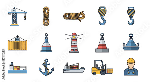 Collection of Colorful Nautical and Maritime Icons and Symbols.