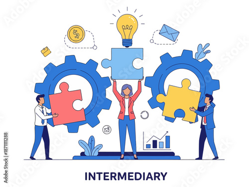 Intermediary flat vector illustration. Social enterprise. Wholesaler, distributor, reseller. E-commerce. Business model. Isolated cartoon character on white background
