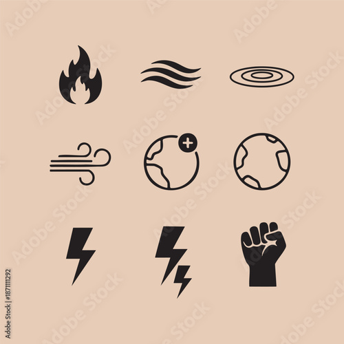 Natural Elements Set with Fire Wave Wind and Globe