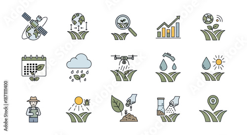 Collection of Colorful Agricultural Icons Depicting Farming and Technology.