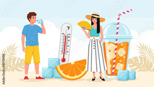 Summer flat concept vector illustration. Woman and man in hot weather 2D cartoon characters for web design. Male drink water. Female with fan. Lemonade to cool off. Heat wave refreshment creative idea