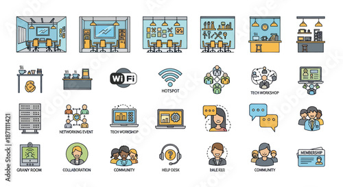 Colorful Vector Icons Depicting Various Business and Technology Concepts.