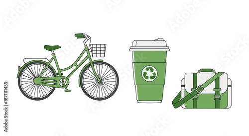 Green Bicycle Coffee Cup and Bag Eco-Friendly Lifestyle Elements.