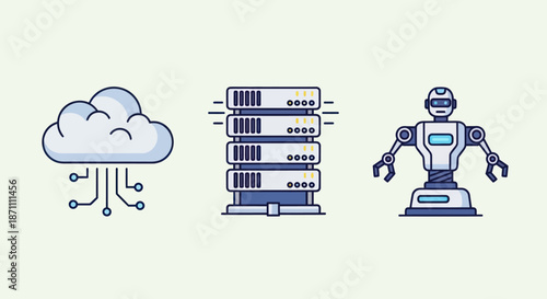 Cloud Computing Server Stack and Robot Illustration for Technology Concepts.