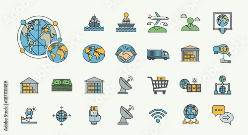 Colorful Vector Icons Representing Global Communication Logistics and Technology.