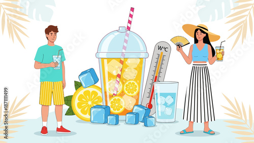 Summer flat concept vector illustration. Woman and man in hot weather 2D cartoon characters for web design. Male drink water. Female with fan. Lemonade to cool off. Heat wave refreshment creative idea