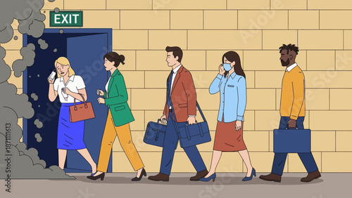 Office workers evacuation from building flat color vector illustration. Building occupants follows escape route. People leaving facility 2D cartoon characters with emergency exit sign on background