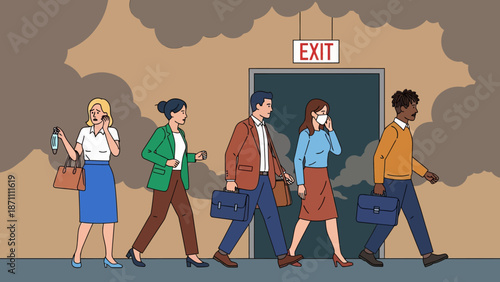 Office workers evacuation from building flat color vector illustration. Building occupants follows escape route. People leaving facility 2D cartoon characters with emergency exit sign on background