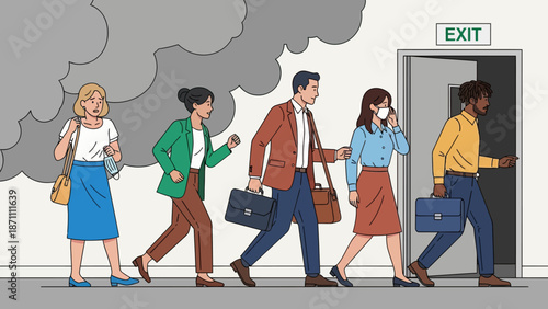 Office workers evacuation from building flat color vector illustration. Building occupants follows escape route. People leaving facility 2D cartoon characters with emergency exit sign on background