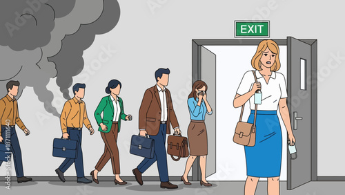 Office workers evacuation from building flat color vector illustration. Building occupants follows escape route. People leaving facility 2D cartoon characters with emergency exit sign on background