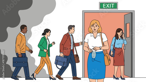Office workers evacuation from building flat color vector illustration. Building occupants follows escape route. People leaving facility 2D cartoon characters with emergency exit sign on background